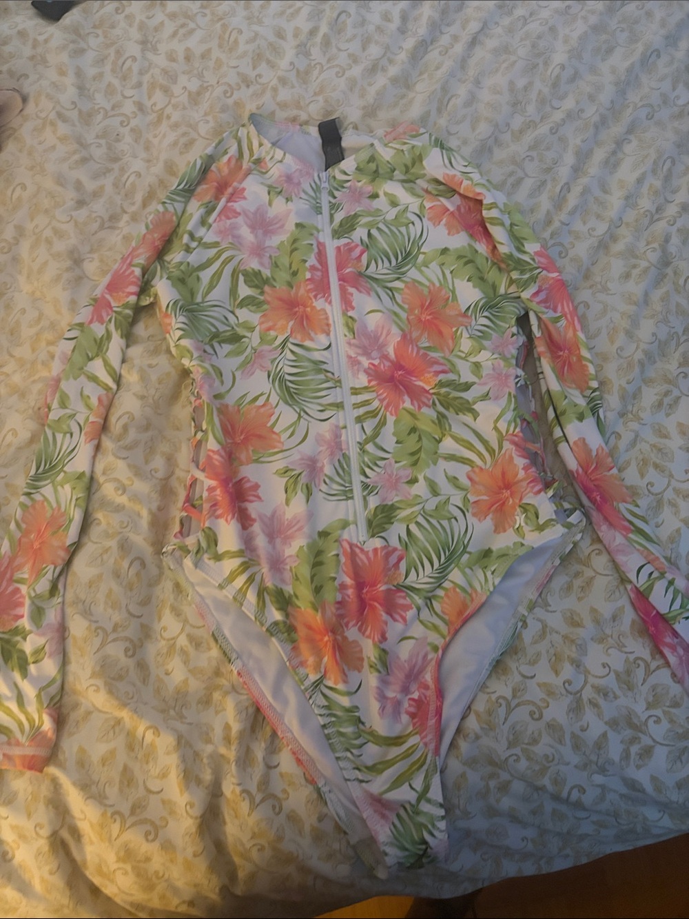 Hurley White Floral Long-Sleeve One-Piece Swimsuit